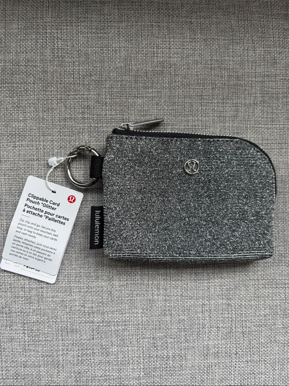 Lululemon Clipable Card Pouch, Glitter Dark Silver/Graphite Grey NWT